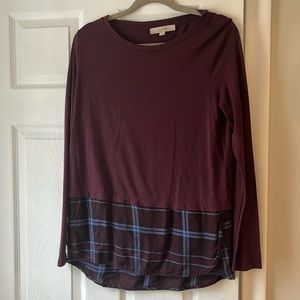 Loft burgundy T-shirt with plaid accents on bottom